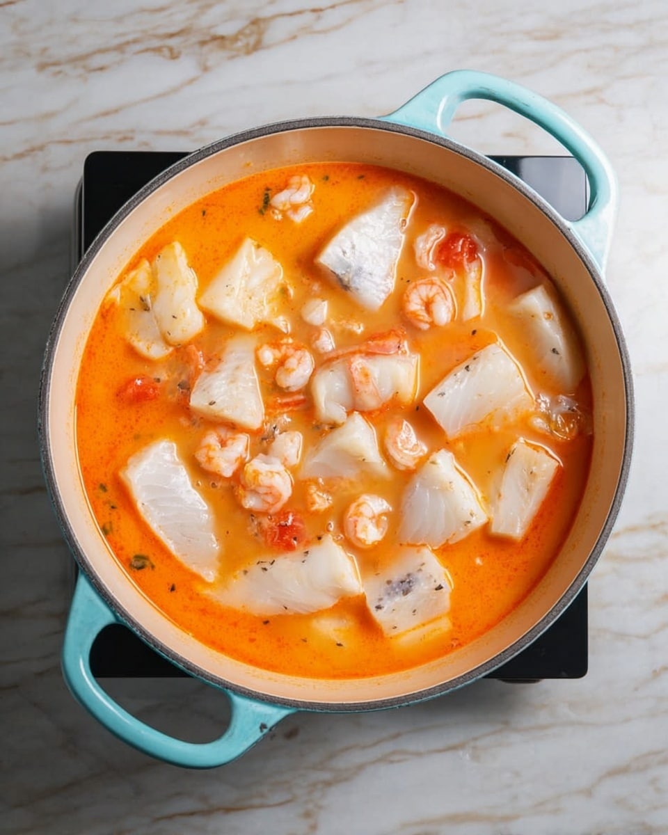 A white pot with light blue handles is shown from above on a white marbled surface, filled with a bright orange liquid. Inside the liquid, there are many pieces of white fish fillets and small shrimp spread all over the pot. The orange soup looks smooth with chunks of fish and shrimp floating evenly. The pot is centered, and the colors are bright and clear. Photo taken with an iphone --ar 4:5 --v 7