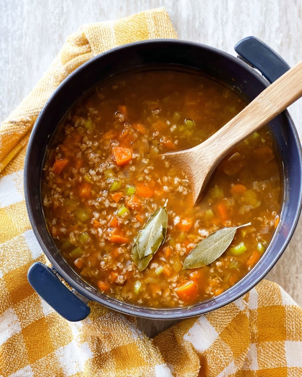 A dark blue pot filled with a brown broth soup containing small pieces of orange carrots, green celery, and grains floating throughout. Two light brown bay leaves rest on the surface near the right side, and a light wooden spoon is inside the pot on the left side, partially submerged in the soup. The pot is placed on a folded yellow and white checkered towel, sitting on a white marbled textured surface. photo taken with an iphone --ar 4:5 --v 7