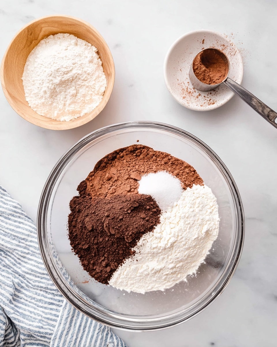 A clear glass bowl sits on a white marbled surface, holding three main layers of dry ingredients: white flour on the bottom right, dark brown cocoa powder covering most of the left and top portions, and a small pile of white salt in the middle. Above the bowl, there is a light wood bowl with some white flour dusted inside on the left, a metal measuring cup with cocoa powder residue on the top right, and a small white bowl with a metal spoon resting inside on the right. A white and blue striped cloth is placed on the bottom left corner of the image. Photo taken with an iphone --ar 4:5 --v 7