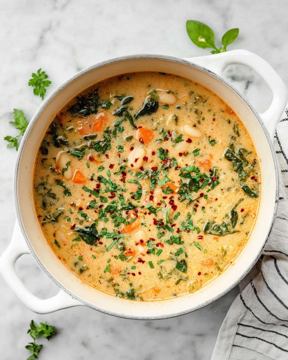 A white pot with two handles holds a creamy, chunky soup with a light orange-beige base. Inside the soup, there are visible pieces of orange carrot, green leafy vegetables, and white beans or similar small round items. The top layer is sprinkled with finely chopped fresh green herbs and red chili flakes. The pot is placed on a white marbled surface, with a white and black striped cloth partially visible on the side. There are fresh green herb leaves scattered lightly around the pot. Photo taken with an iphone --ar 4:5 --v 7