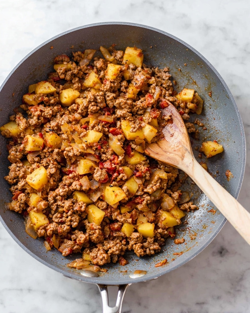 A gray frying pan filled with cooked ground meat mixed with sautéed onion pieces and small yellow potato chunks, all browned and slightly shiny from cooking oil. The mixture includes bits of red tomato and some spices visible on the surface. A wooden spoon with a long handle is resting in the pan, covered with the meat mixture. The pan is placed on a white marbled surface. photo taken with an iphone --ar 4:5 --v 7