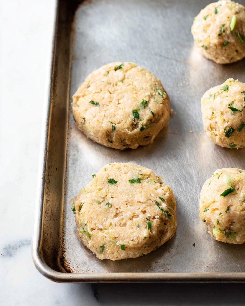 The image shows four raw patties on a metal baking tray placed on a white marbled surface. Two patties are round and flat with a slightly rough texture, light beige color with small green herb pieces scattered within. The other two patties are formed into round balls with similar color and texture, also dotted with green herbs. The tray is plain with slight scratches and edges visible, giving a simple prep scene. photo taken with an iphone --ar 4:5 --v 7