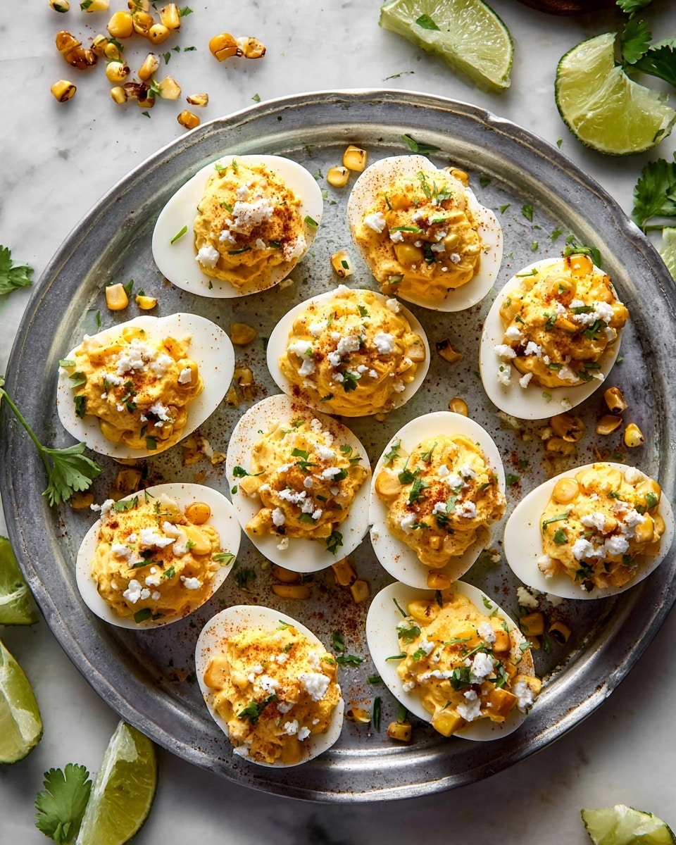 A metal round plate holds twelve deviled eggs arranged in a loose circle, each egg halved with a smooth white base layer of egg white. On top of each egg white is a thick, creamy layer of bright yellow-orange filling mixed with roasted golden-brown corn kernels and finely chopped green herbs. The filling is piled high and sprinkled with crumbly white cheese and small green herb pieces. Scattered roasted corn kernels and green herb leaves add texture and color contrast around the eggs. The plate sits on a white marbled surface with lime wedges and fresh herb sprigs nearby, creating a fresh and vibrant setting. photo taken with an iphone --ar 4:5 --v 7