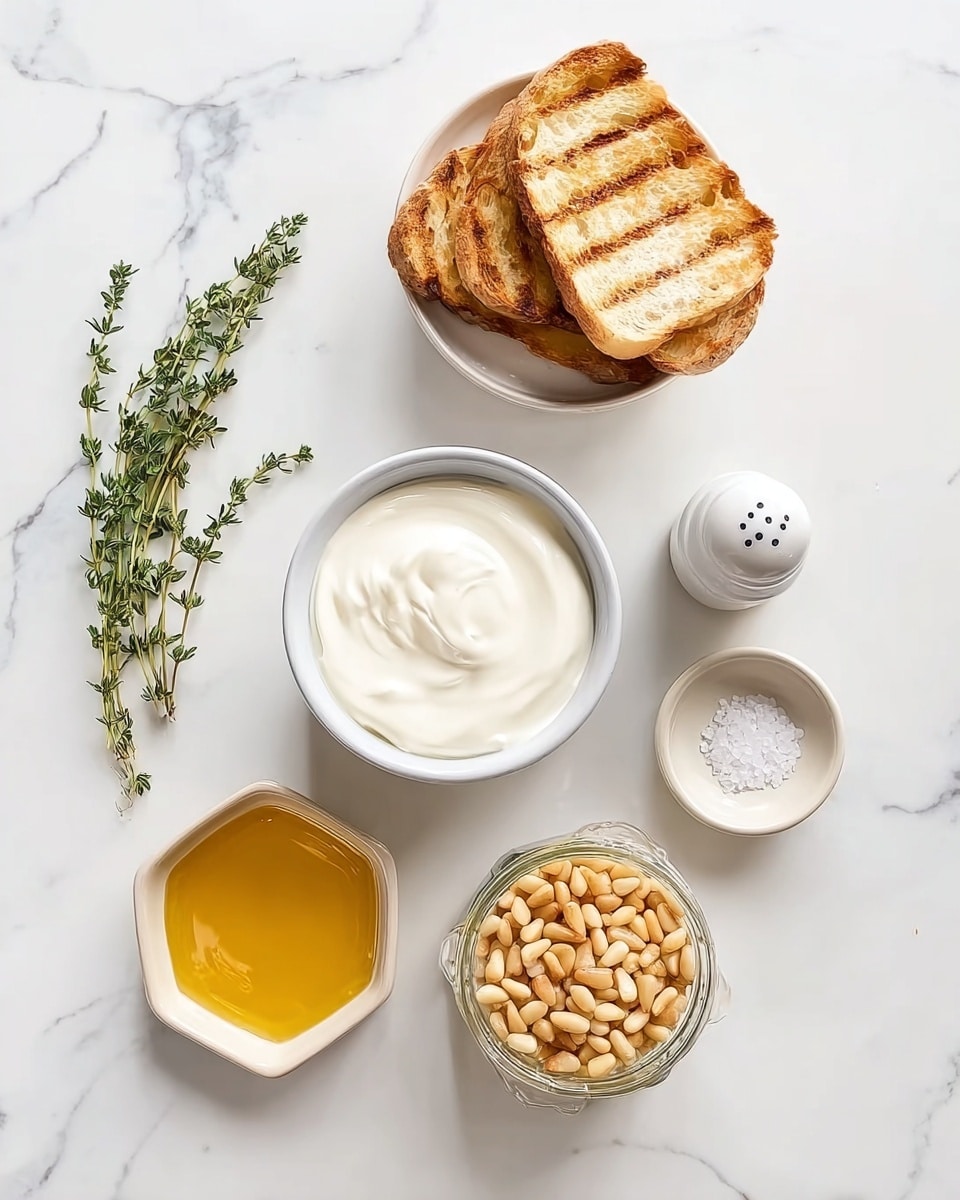 The image shows a white marbled surface with a small bowl of white cream with a smooth texture in the center. Above it is a white bowl with toasted bread slices stacked inside, showing golden brown grill marks. To the right of the cream bowl, there is a white round dish with coarse white salt and a white pepper grinder. Below the cream bowl, a white round bowl holds a yellow, smooth liquid likely honey or oil. Next to this is a hexagonal glass jar filled with light brown pine nuts. To the left side of the cream bowl, two green sprigs of fresh thyme lay flat on the white marbled surface. Photo taken with an iphone --ar 4:5 --v 7