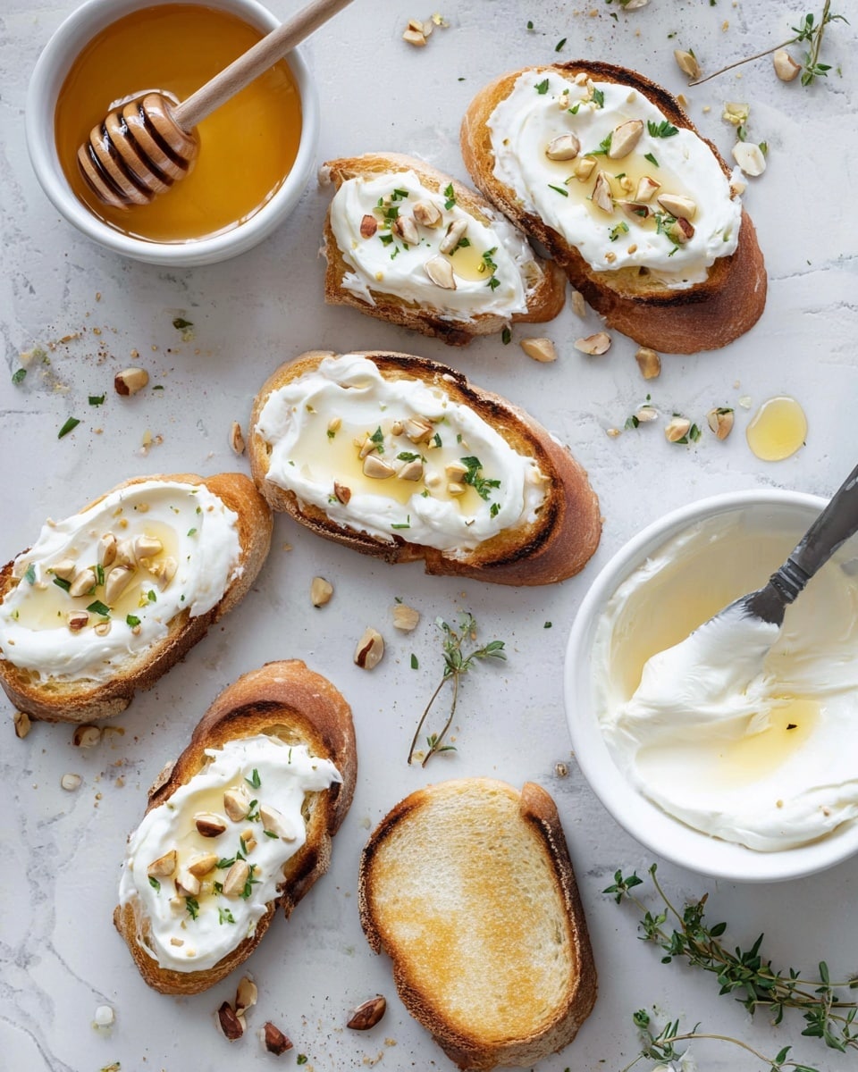 There are six slices of toasted bread on a white marbled surface. Five slices have a thick layer of white creamy spread on top, with small green herb leaves and light brown nuts scattered over the cream. The sixth slice is plain toast with no toppings. To the upper left, a white bowl filled with golden honey has a honey dipper resting inside. Below to the right, an open white bowl holds more white cream with a knife resting nearby, some cream spread on the knife. Small herb branches and scattered nuts are sprinkled over the surface around the bread. photo taken with an iphone --ar 4:5 --v 7