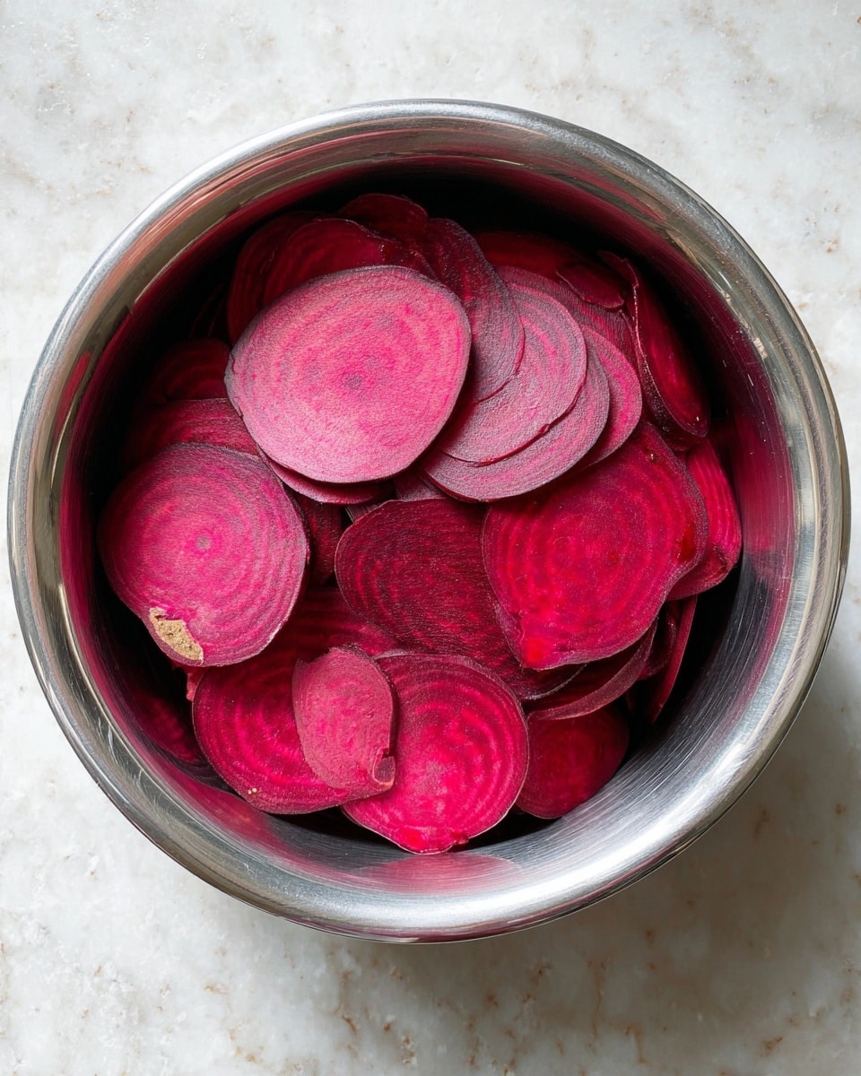 A metal bowl filled with many thin slices of bright pink-red beetroot. The slices have circular and heart-like shapes with smooth edges, layered loosely inside the bowl showing their natural ring patterns and a slight shine on their moist surface. The bowl sits on a white marbled texture surface, adding a clean and simple background contrast to the vivid beet slices. Photo taken with an iphone --ar 4:5 --v 7