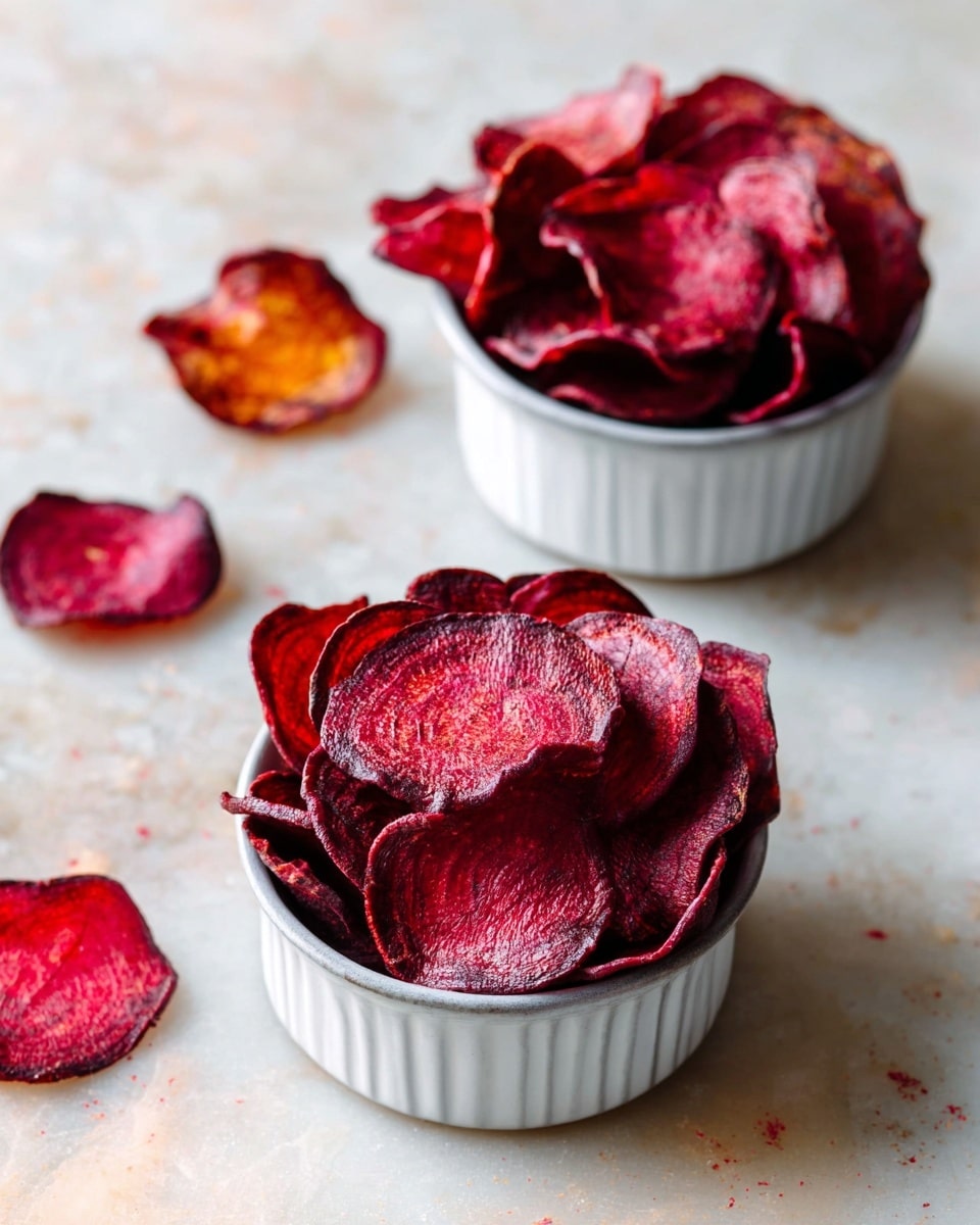 Two small white ceramic bowls filled with stacked slices of dark red beet chips sitting on a white marbled surface. The beet chips have a crispy texture with curled edges and a mix of deep red and purplish colors. Around the bowls, there are scattered single beet chips showing a variety of red shades and slightly bumpy surfaces. The bowls are positioned slightly apart with the front bowl fuller and the back bowl partially visible. The background is softly blurred. photo taken with an iphone --ar 4:5 --v 7