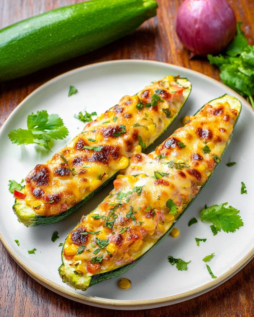 Two zucchini halves lie side by side on a white plate, each filled with a layer of melted golden cheese that looks bubbly and browned in spots. Under the cheese, there are bits of red tomato and yellow corn mixed in with green herbs scattered on top and around the zucchini. Fresh cilantro sprigs add a pop of green color on the plate. The plate rests on a wooden table with a whole green zucchini and half a purple onion in the background, and the setting glows with natural light. The texture of the cheese is smooth and slightly crispy, with the zucchini’s green skin showing at the bottom edges. Photo taken with an iphone --ar 4:5 --v 7