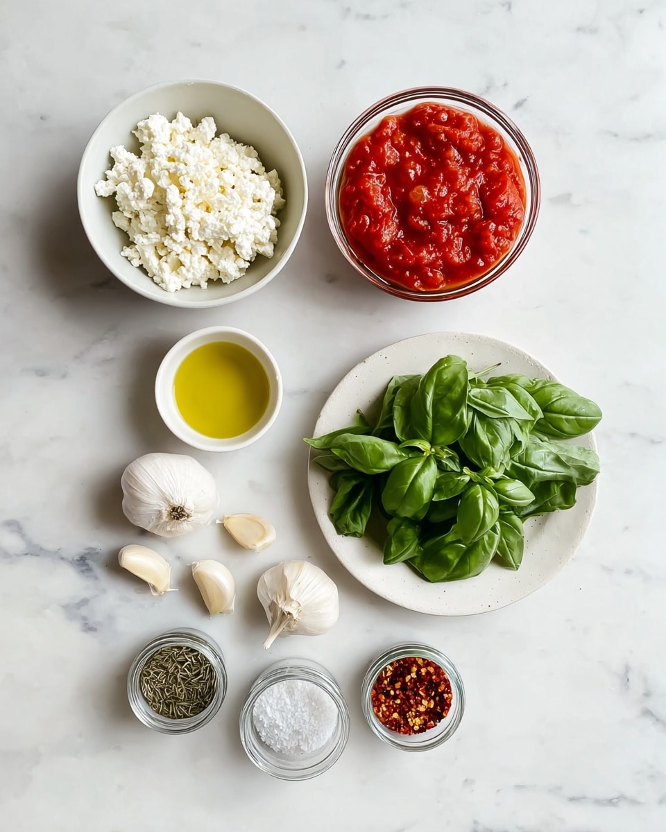 The image shows an arrangement of ingredients on a white marbled surface. There are two bowls on the top row; the left bowl is white and filled with white cottage cheese with a crumbly texture, and the right bowl is glass and contains chunky red tomato sauce with visible tomato pieces. Below them to the left is a small white bowl with clear yellow olive oil. To the right is a white plate holding fresh green basil leaves, vibrant and smooth. Between these are three garlic cloves and one garlic bulb in the center. At the bottom row lie three small glass spice jars tilted slightly; the left jar holds black pepper, the middle jar contains dried green rosemary, and the right jar has red pepper flakes. Nearby to the far left is a small glass jar of salt. The layout is neat and colors contrast nicely against the white marbled surface, with natural lighting highlighting the textures. Photo taken with an iphone --ar 4:5 --v 7