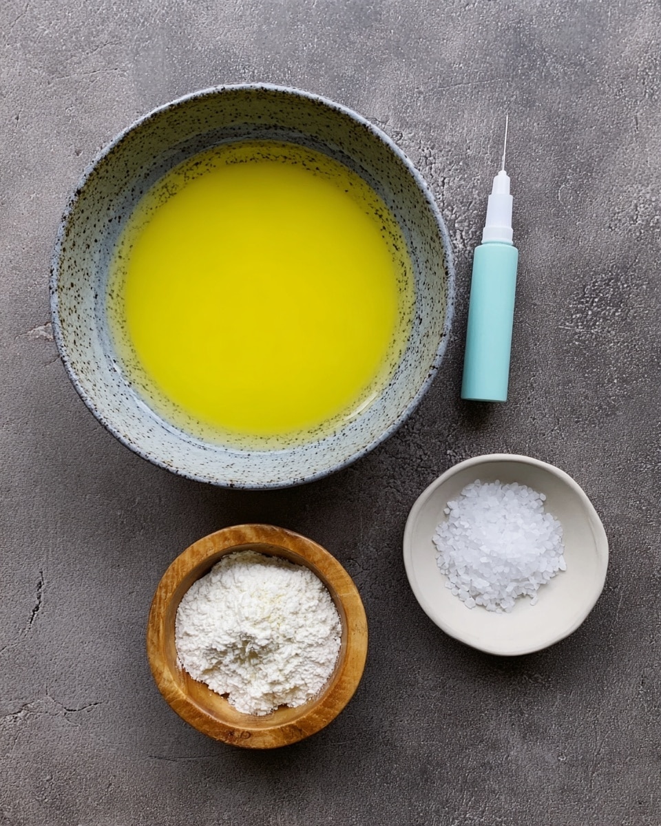 The image shows a light gray bowl with a darker rim filled with a smooth yellow liquid at the center on a white marbled surface. Below it, a small wooden bowl contains a white powdery substance. To the right, a small white bowl holds a coarse white grain, possibly salt. Next to it lies a clear dropper with a light blue rubber tip. At the top left, there is a blue silicone mold featuring multiple small worm shapes, and below that is a yellow silicone mold with many small bear shapes, both resting on the white marbled surface. photo taken with an iphone --ar 4:5 --v 7