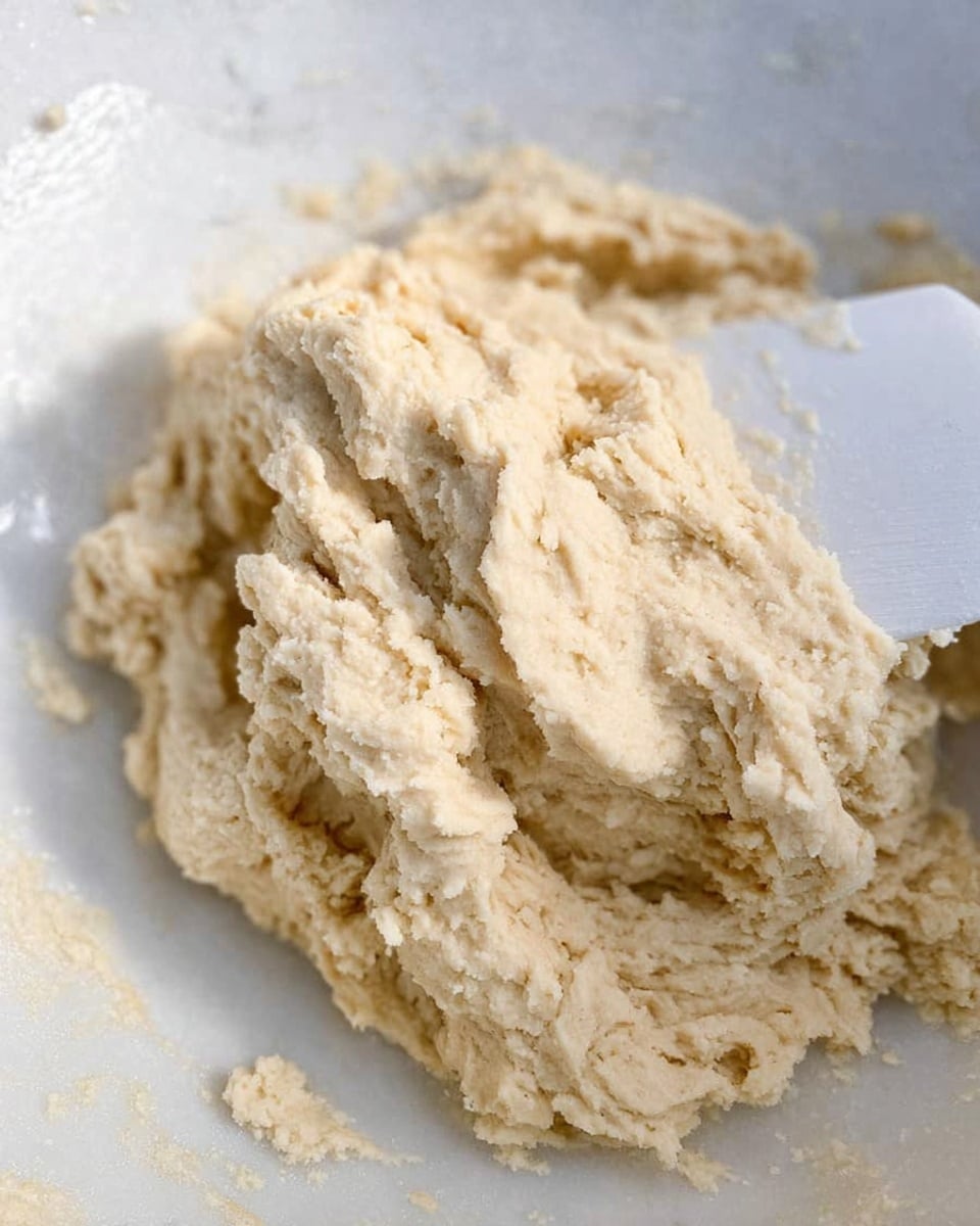 A close-up image of a rough, creamy dough mixture with a light beige color and soft texture. The dough sits on a white marbled surface with a white spatula partially visible at the top right corner, embedded slightly into the dough. The dough looks thick and slightly sticky with some visible lumps and folds. photo taken with an iphone --ar 4:5 --v 7