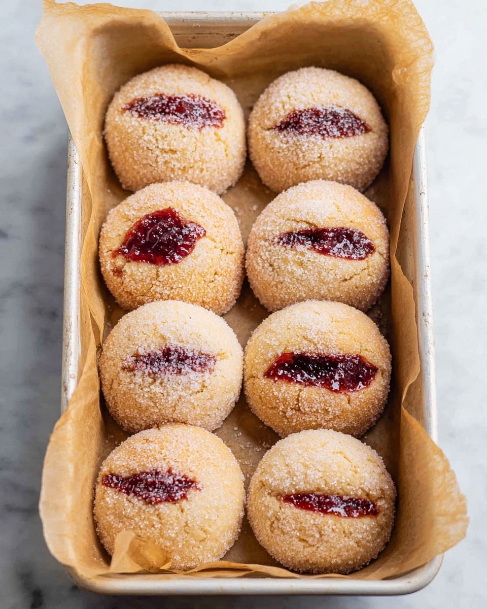 The image shows eight round cookies in a white baking tray lined with brown parchment paper. Each cookie is covered with a light layer of sugar, giving them a sparkling texture. They are golden brown and slightly cracked on the surface, with some red jam peeking out from their centers, creating a contrast of colors. The cookies are arranged in three rows, filling the tray neatly. The tray sits on a white marbled surface, adding a clean and bright background to the warm, cozy appearance of the cookies. photo taken with an iphone --ar 4:5 --v 7