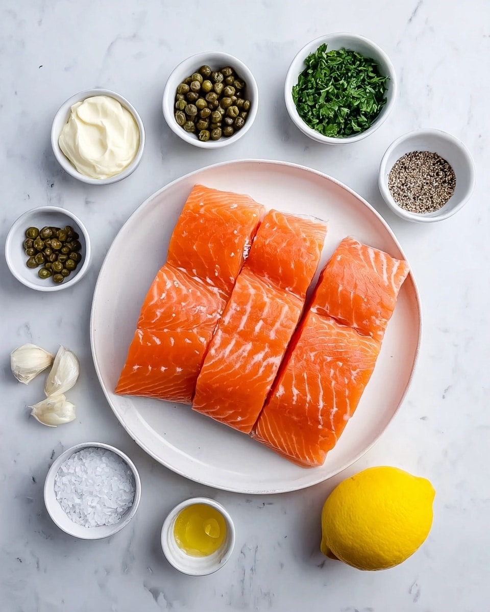 The image shows four pieces of raw salmon with bright orange flesh and white lines arranged neatly on a white plate in the center. Around the plate, there are small white bowls containing different ingredients: chopped green herbs, green capers, white cream, yellow mustard, black pepper, coarse salt, and two small cloves of garlic with a bit of ginger. A whole yellow lemon is placed on the white marbled surface next to the plate. The scene is clean and bright with all items clearly visible. Photo taken with an iphone --ar 4:5 --v 7