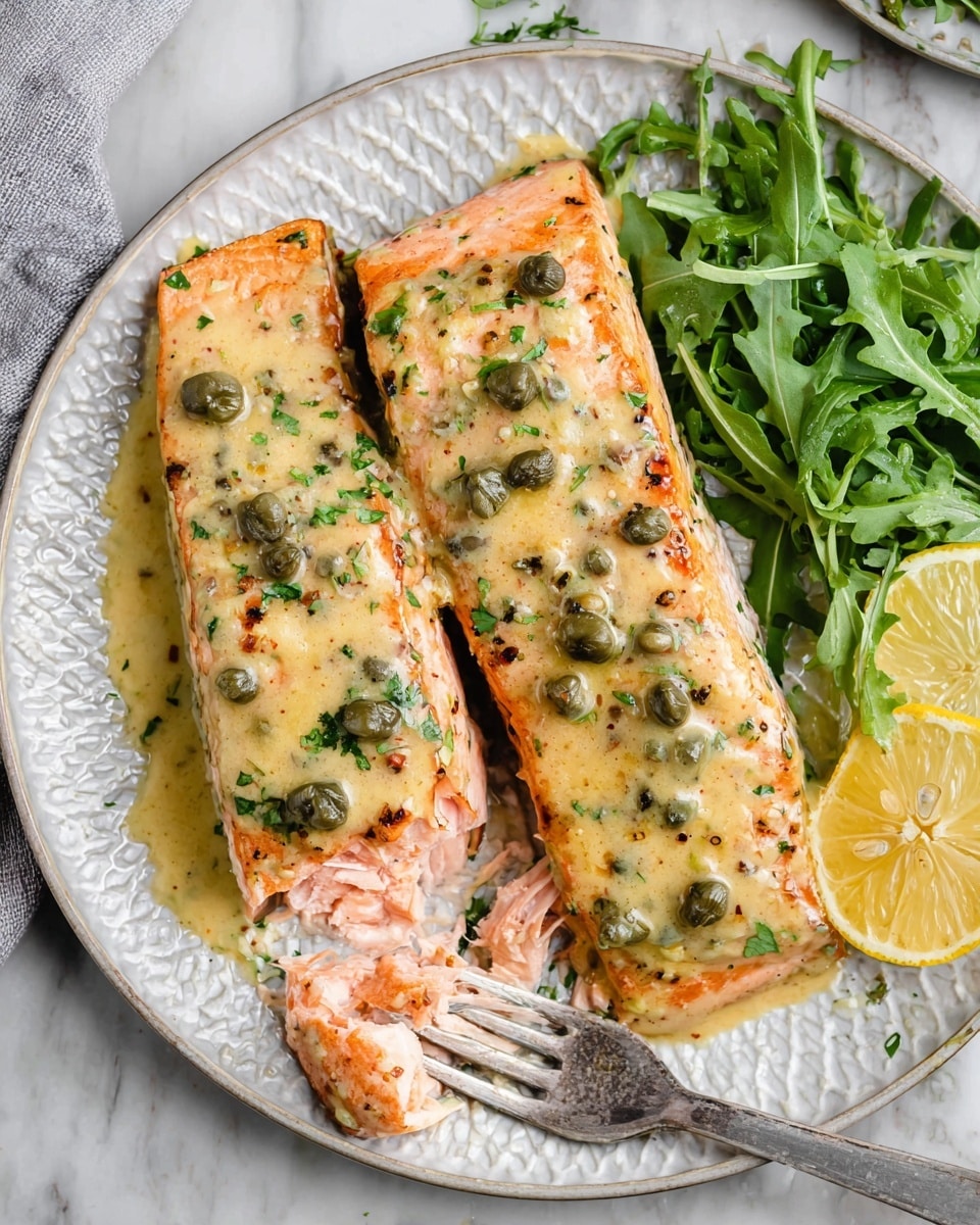 Two cooked salmon fillets sit on a white plate with a textured pattern, placed on a white marbled surface. Each salmon fillet has a creamy mustard sauce with small green capers and herbs spread on top, giving it a speckled yellow-green appearance. One fillet is whole, while the other is partially flaked with a fork showing the soft, pink inside. Fresh green arugula leaves and two lemon wedges are arranged on the side of the plate, adding bright green and yellow touches. Photo taken with an iphone --ar 4:5 --v 7