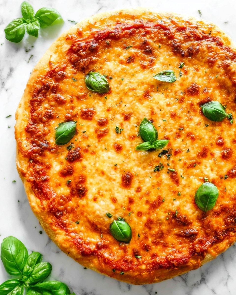 A round pizza with one main layer of golden, melted cheese covering a layer of red tomato sauce on a golden brown crust. The cheese layer has small browned spots and a slightly bubbly texture. Fresh green basil leaves of different sizes are scattered randomly on top of the cheese. The pizza sits on a white marbled surface with a few extra basil leaves near it. Photo taken with an iphone --ar 4:5 --v 7