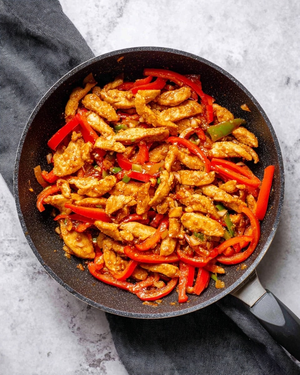 A black pan filled with cooked strips of light golden chicken mixed with bright red sliced bell peppers, all coated in a slightly oily, seasoned glaze. The chicken pieces have a smooth, tender look, and the bell peppers add a fresh, crisp texture with their vibrant red color. Small bits of garlic and onion are scattered throughout, adding detail and texture. The pan rests on a white marbled surface with a dark gray cloth nearby. photo taken with an iphone --ar 4:5 --v 7