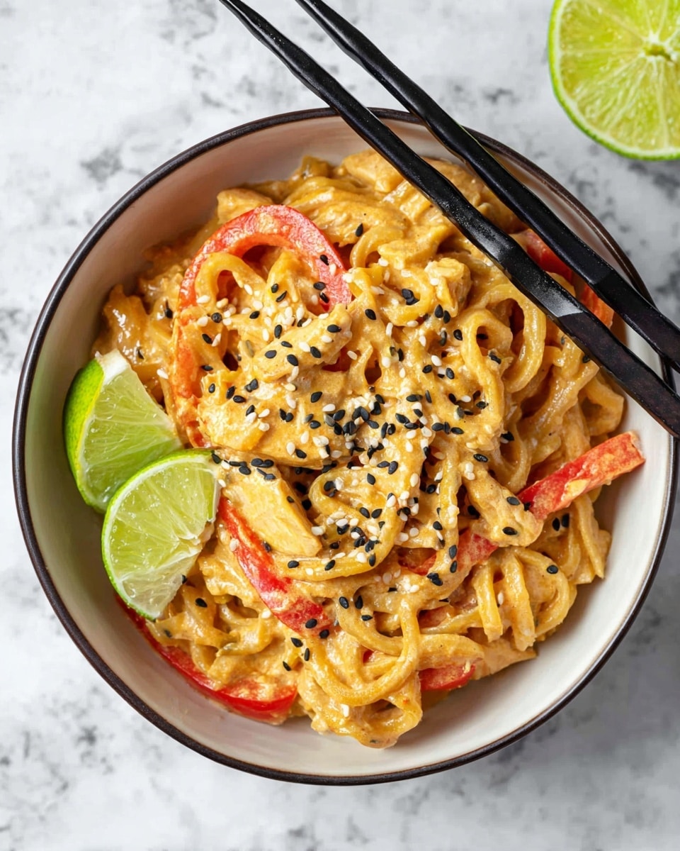 A white bowl filled with creamy orange-colored noodles mixed with thin slices of red bell pepper and light beige pieces of chicken, all coated in a smooth sauce. On top, there are black and white sesame seeds scattered, adding small dark and light spots. Two bright green lime wedges rest on the noodles near the bowl's edge. A pair of black chopsticks lies diagonally on the bowl from the top right. The bowl sits on a white marbled surface with a lime wedge visible in the upper right corner. photo taken with an iphone --ar 4:5 --v 7