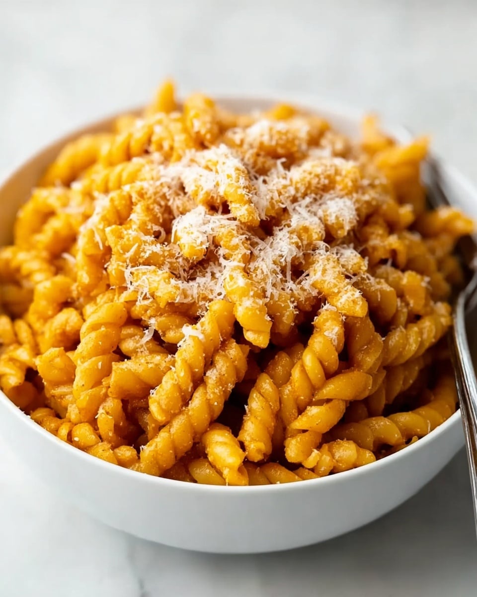 A white bowl filled with a large serving of orange-colored pasta spirals piled high, with a light dusting of grated cheese sprinkled evenly on top. The pasta has a smooth, slightly shiny texture that shows it is well-coated in sauce. The bowl sits on a white marbled surface, and a fork is partially visible to the side, ready to twirl the pasta. The focus is close up, showing the details of the pasta shapes and the light cheese topping clearly. Photo taken with an iphone --ar 4:5 --v 7