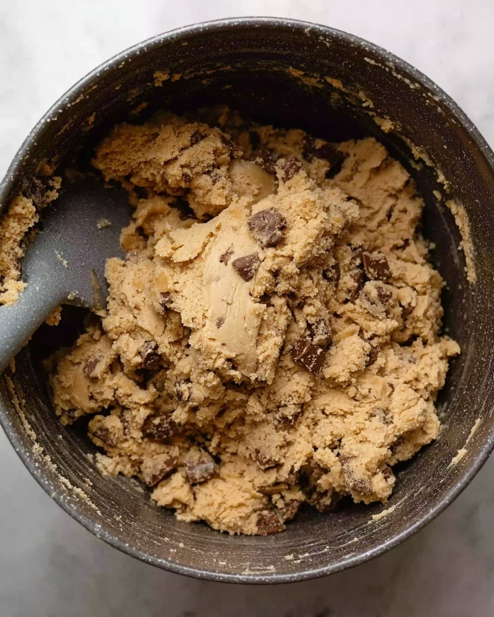 This image shows a close-up of cookie dough in a dark mixing bowl placed on a white marbled surface. The dough is thick and chunky, with uneven clumps and a light brown color. Mixed inside the dough are small pieces of chocolate and caramel bits, scattered throughout adding a speckled texture. A gray spatula is partially visible on the left side, slightly embedded in the dough. The dough fills most of the bowl, with some areas appearing crumbly and others more compact photo taken with an iphone --ar 4:5 --v 7