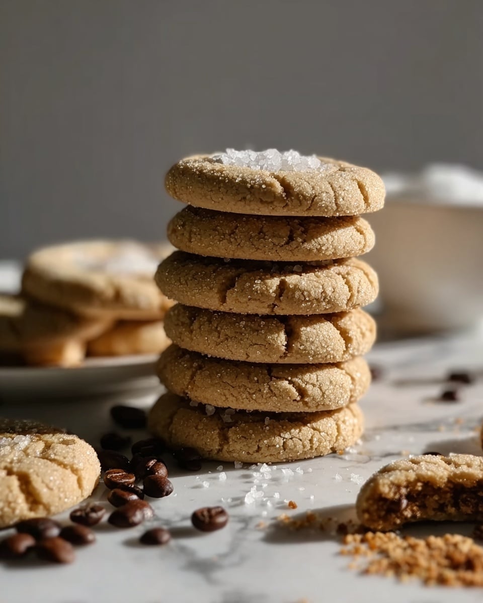 A stack of seven thick, round cookies with a cracked surface and a light golden brown color sits on a white marbled surface. The cookies appear soft with a rough texture and some small grains of sugar sprinkled on top. Around the stack, dark brown coffee beans are scattered, along with a few cookie crumbs. In the blurred background, there is a white bowl filled with white sugar crystals and more cookies on a white plate. The scene is lit by natural daylight creating soft shadows. photo taken with an iphone --ar 4:5 --v 7