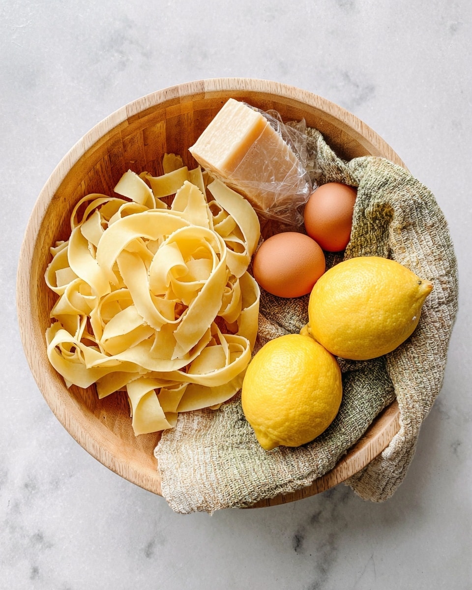 A light wooden bowl sits on a white marbled surface, holding several ingredients. Inside the bowl, on the right side, there are two bright yellow lemons resting on a textured beige and green cloth that covers the bottom right part of the bowl. To the left of the lemons, two brown eggs are placed close together. Above the eggs and lemons, there is a small rectangular piece of hard cheese, light brown in color, partially wrapped by the cloth. On the left side of the bowl, several nests of pale yellow pasta ribbons are arranged, creating a soft, curled texture. The image is bright and clear, with natural light highlighting the fresh ingredients photo taken with an iphone --ar 4:5 --v 7
