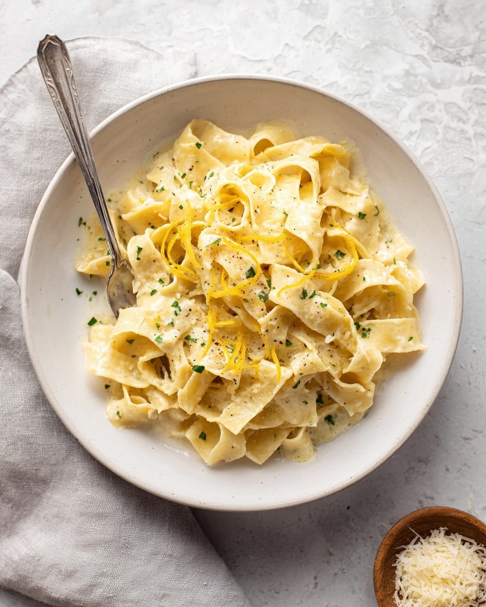 A white bowl filled with one layer of wide, flat pasta noodles coated in a creamy, light yellow sauce with small curds, garnished with thin lemon zest strips and small green herb pieces scattered on top. A silver fork rests inside the bowl near the left side, partly under the pasta. The bowl is placed on a white marbled surface with a light gray cloth napkin to the right and a small wooden bowl filled with grated cheese at the bottom right corner. Photo taken with an iphone --ar 4:5 --v 7