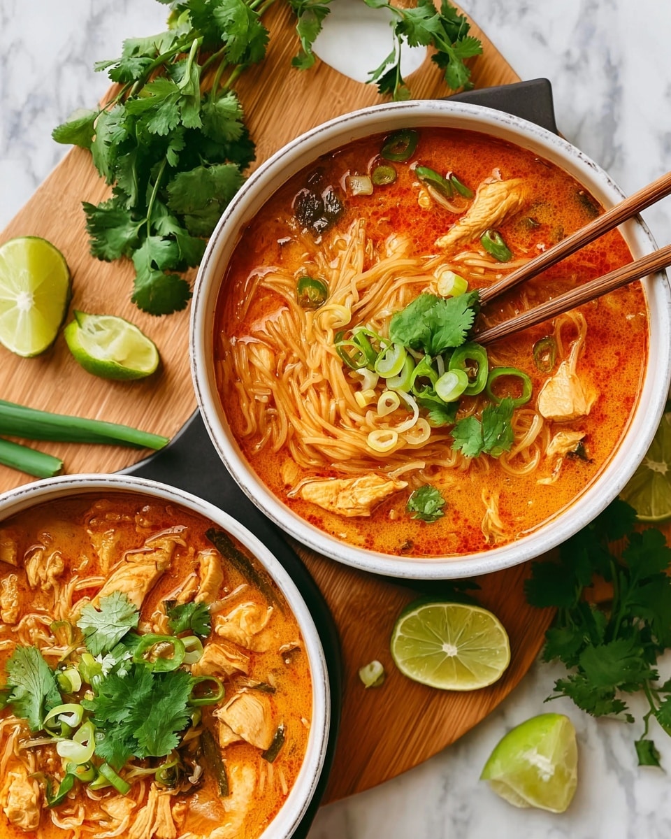 The image shows two white bowls filled with a rich orange soup that has thin noodles and pieces of light brown chicken. The soup is topped with fresh green cilantro leaves and thin slices of green onion. In one bowl, a pair of wooden chopsticks lifts some noodles from the soup. Around the bowls are wedges of lime, more green onions, and cilantro on a wooden board, all placed on a white marbled surface. The colors are bright and fresh, with the orange soup contrasting against the green garnish and the white bowls. Photo taken with an iphone --ar 4:5 --v 7