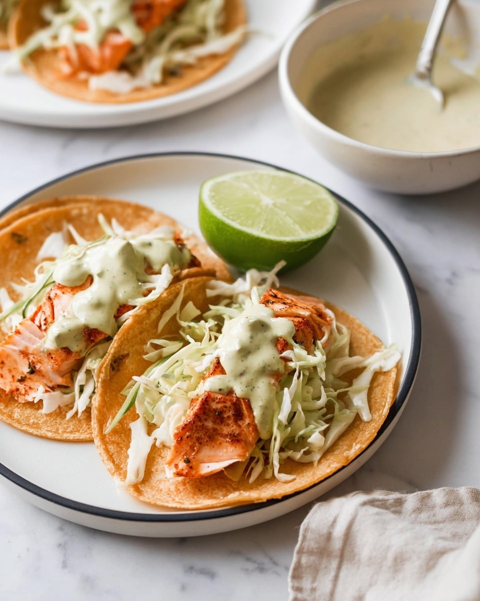 The image shows two tacos on a white plate with a black rim, placed on a white marbled surface. Each taco has three main layers: a light brown taco shell at the bottom, an orange piece of cooked fish with a slightly charred surface in the middle, and a pile of finely shredded white cabbage on top. There are small amounts of green sauce and light creamy sauce spread over the fish in each taco. A lime wedge with bright green flesh rests on the plate behind the tacos. In the foreground, there is a small white bowl filled with light creamy sauce and a spoon inside it, and in the background, part of another taco on a white plate is visible. Photo taken with an iphone --ar 4:5 --v 7