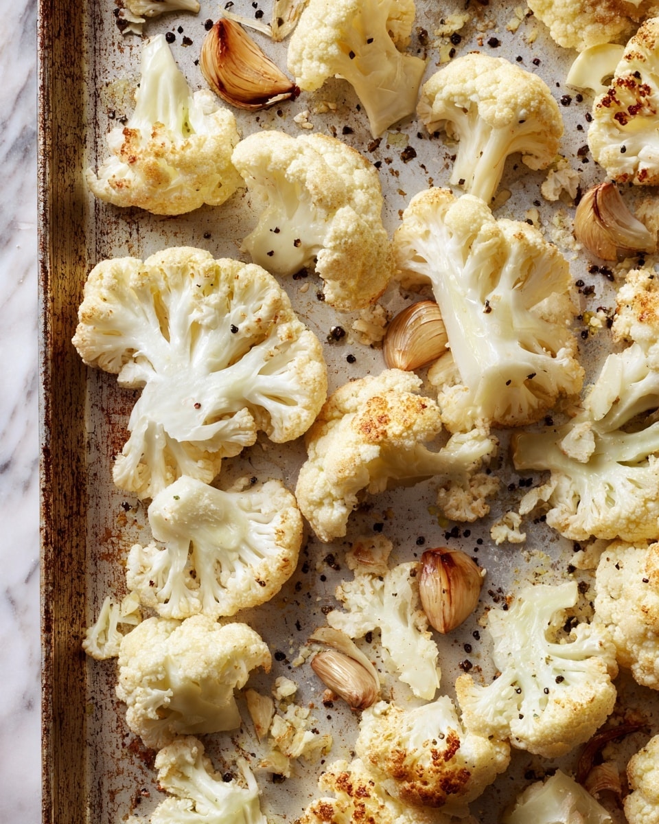 The image shows many cauliflower pieces, some whole and some cut into flat slices, spread on a textured baking tray. The cauliflower is pale cream with slightly browned edges, indicating roasting, and there are whole garlic cloves with their light brown skins still on scattered among the pieces. Small black pepper bits are sprinkled lightly over the cauliflower and cloves. The whole scene has a warm, golden light that highlights the crisp texture of the cauliflower. The background is a white marbled surface. photo taken with an iphone --ar 4:5 --v 7