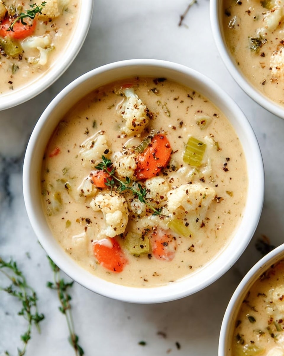 A close-up view of a white bowl filled with creamy soup that has a thick, beige-colored broth. The soup contains visible chunks of soft white cauliflower, light green celery slices, and bright orange carrot pieces. Small green herb sprigs, likely thyme, and black pepper flakes are sprinkled on top, adding texture and color contrast. The bowl sits on a white marbled surface with a few scattered herb sprigs around it, and two more bowls with the same soup appear slightly visible in the background. The scene looks fresh and inviting, with natural lighting highlighting the textures and colors of the soup. photo taken with an iphone --ar 4:5 --v 7