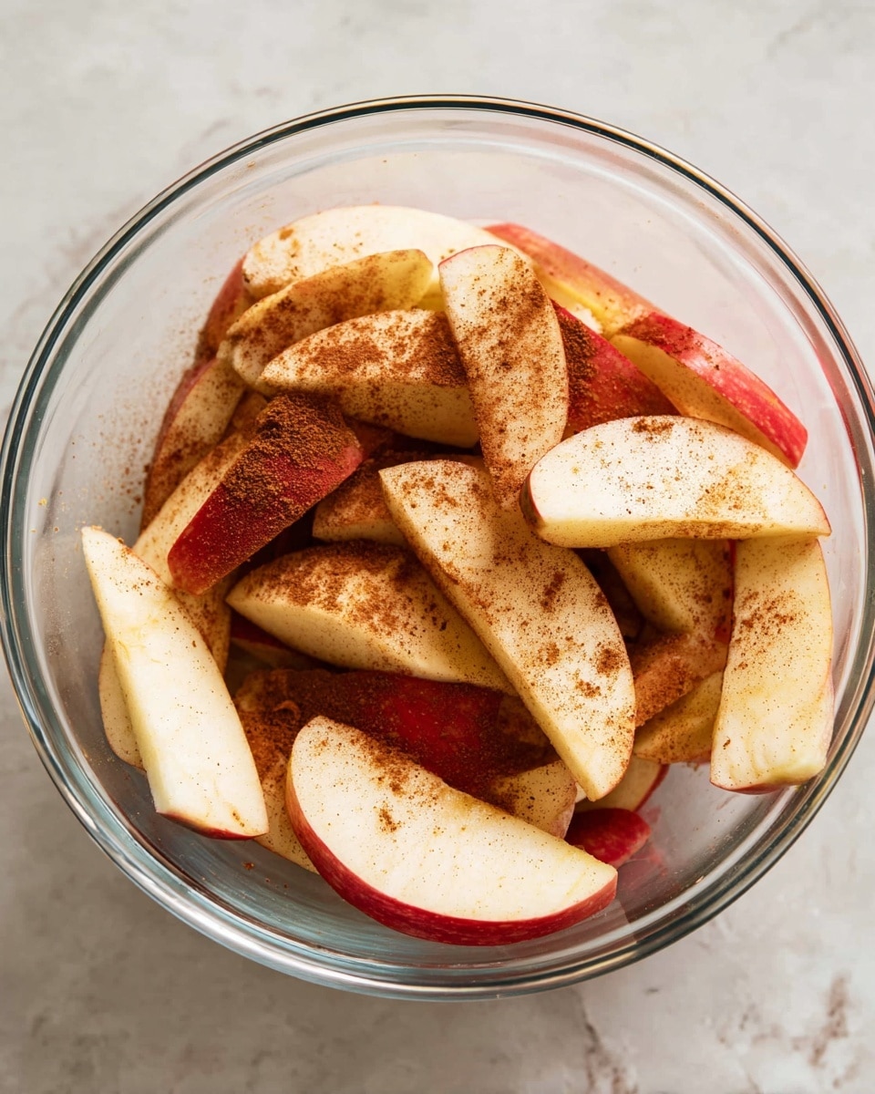 A clear glass bowl sits on a white marbled surface, filled with several layers of apple slices. The apple slices show a mix of red skin edges and creamy white flesh, all sprinkled evenly with a fine layer of brown cinnamon powder creating a soft textured coating. The apple slices are thick and cut into wedges, laid on top of each other in a loose pile, with some facing sideways and others flat, filling the bowl about halfway full. photo taken with an iphone --ar 4:5 --v 7