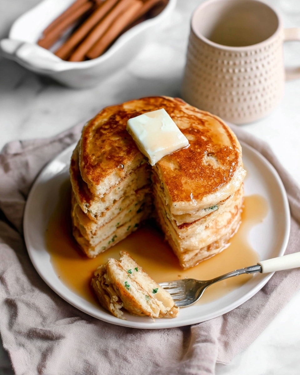 A stack of six golden-brown pancakes sits centered on a white plate, each pancake showing small green bits within the batter. On top is a square of melting butter with syrup gently drizzled over it, pooling around the base of the stack. One pancake wedge is missing, and a bite-sized piece rests on the tines of a white handled fork placed at the bottom right of the plate. The plate is set on a light gray cloth, all on a white marbled surface. In the background, a white oval dish holds several brown cinnamon sticks, and there is a cream-colored textured mug partially visible behind the plate. photo taken with an iphone --ar 4:5 --v 7