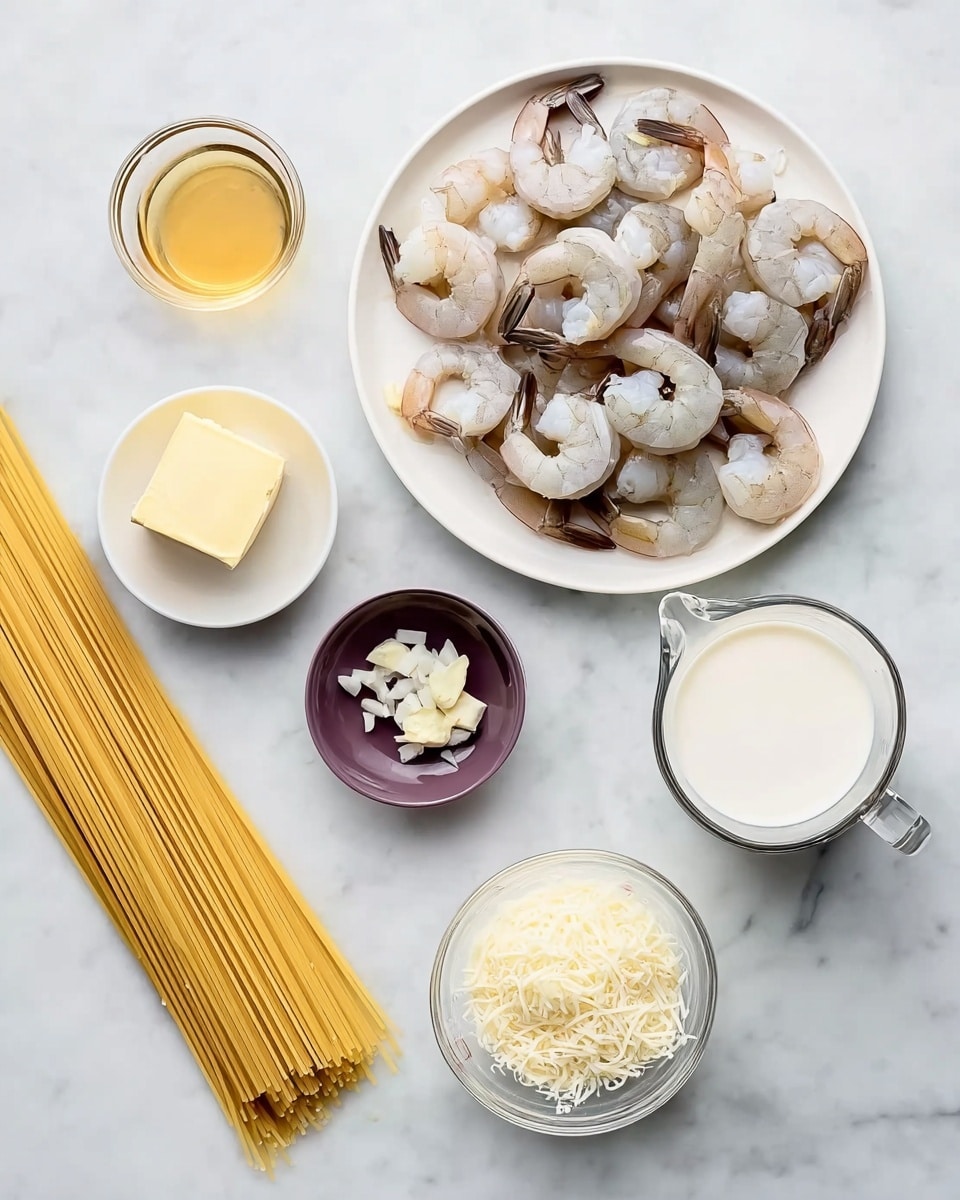 A white marbled surface holds various ingredients for a shrimp pasta dish. On the top right, a white plate is full of raw shrimp, mostly curled and light gray with tails attached. To the left of the shrimp plate lies a bundle of uncooked spaghetti, long and straight with a pale yellow color. Below the spaghetti, there are small white bowls and glass measuring cups arranged in a rough circle: a small purple bowl with a square of pale yellow butter, a small white bowl with chopped garlic pieces, a large white bowl holding a block of cream cheese, a glass measuring cup filled with white cream, another glass measuring cup with a light brown liquid, and one more glass measuring cup containing finely shredded white cheese. The scene is bright and clear, with a neat, simple arrangement. photo taken with an iphone --ar 4:5 --v 7