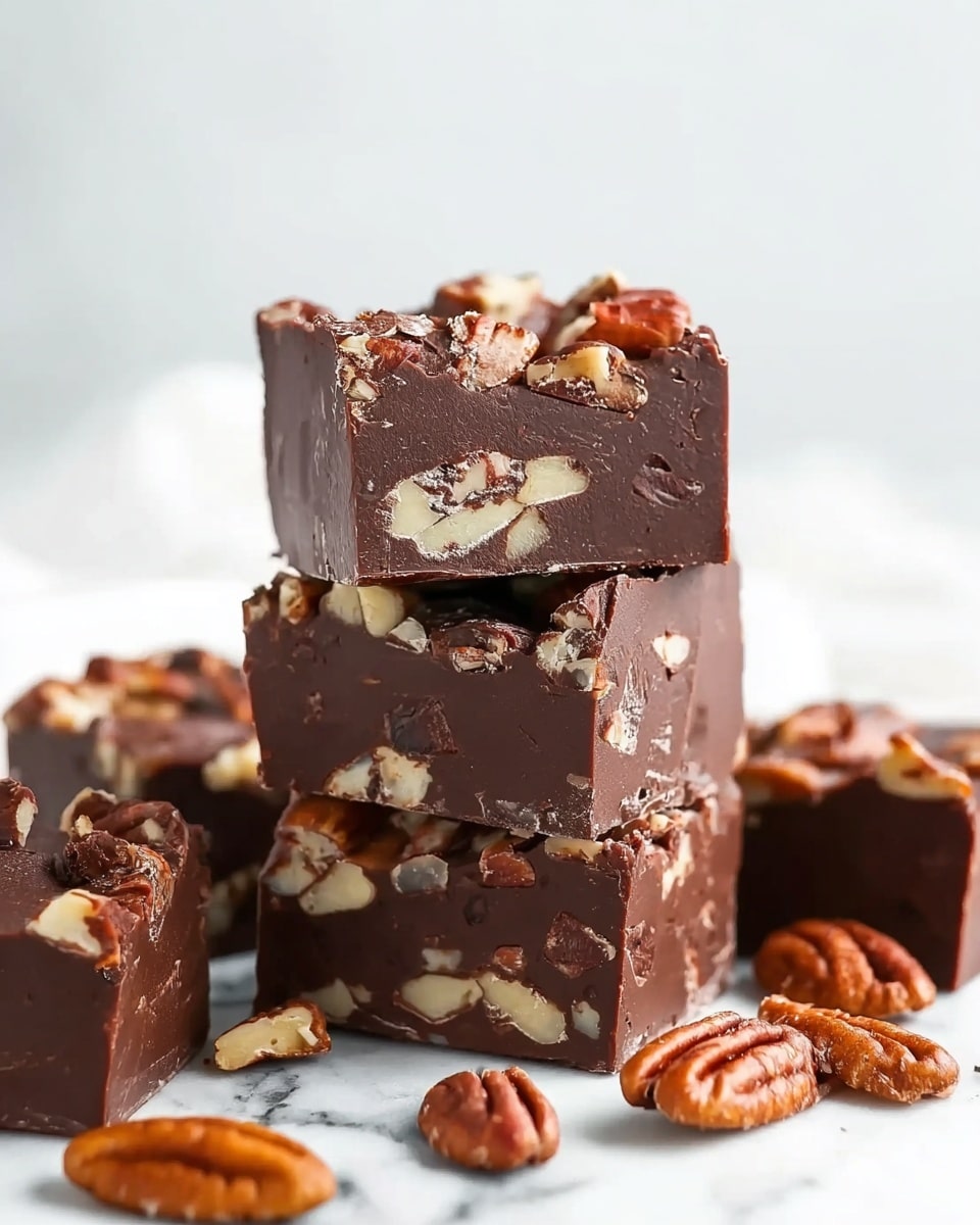 The image shows a stack of four thick chocolate fudge squares on a white marbled surface. Each square is rich dark brown with visible pieces of light brown pecan nuts mixed inside the fudge. Whole pecan nuts are scattered around the base of the stack, adding a natural touch. The fudge squares have smooth yet slightly rough textures from the nuts inside and on top. The overall look is rich and dense, making the fudge appear soft and creamy. Photo taken with an iphone --ar 4:5 --v 7