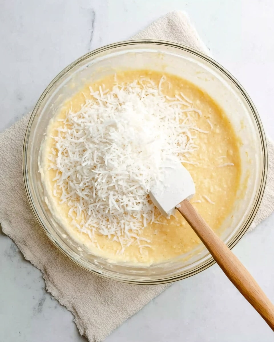 A clear glass bowl sits on a white marbled surface with a light beige cloth underneath. Inside the bowl is a creamy, light yellow batter with a smooth texture. On top of the batter, there is a heap of white shredded coconut. A white spatula with a wooden handle rests inside the bowl, partially submerged in the batter and coconut mixture. The scene is bright and clean, focusing on the simple ingredients. photo taken with an iphone --ar 4:5 --v 7