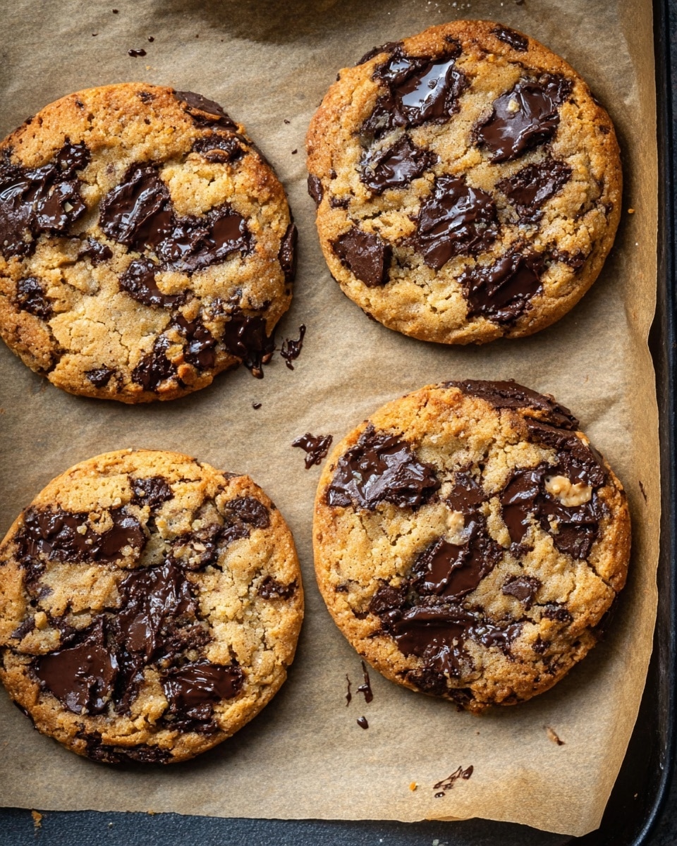 The image shows four large, round cookies on light brown baking paper placed on a black baking tray. Each cookie has a golden-brown base color with many dark brown melted chocolate chunks spread unevenly across the surface, some pieces slightly glossy and soft-looking. The cookies have a rough, crumbly texture with edges that are slightly cracked. The baking paper beneath them has subtle wrinkles and some small chocolate smudges underneath. The entire view has a close-up perspective that highlights the rich chocolate and the warm color of the baked dough. photo taken with an iphone --ar 4:5 --v 7