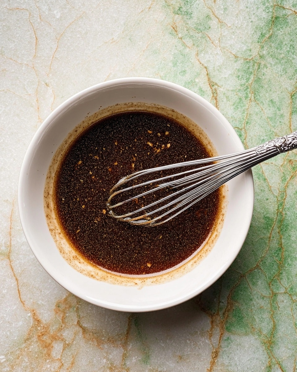 A white bowl filled with a dark brown liquid sauce that has a slightly oily shiny texture and small pieces of light ingredients floating in it, with a whisk partially submerged on the right side. The bowl sits on a white marbled surface with green and beige veins. The sauce has a smooth but slightly bumpy surface with a few bubbles, and the inner bowl edges show slight sauce marks. photo taken with an iphone --ar 4:5 --v 7