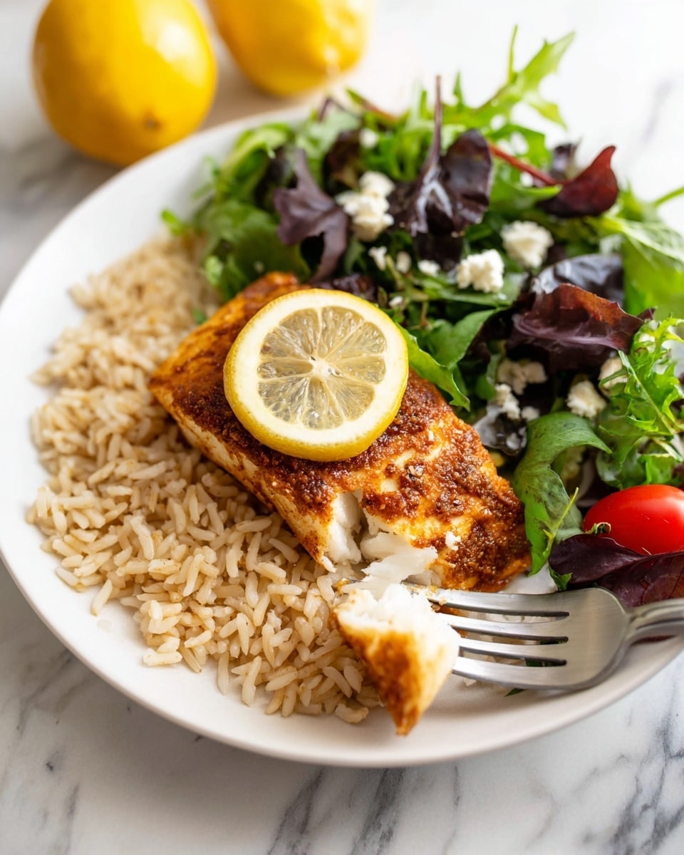 A white plate holds a meal with three main layers: the bottom layer is light brown rice spread evenly across the plate, the middle layer is a piece of cooked fish with a golden-brown crispy skin placed on top of the rice, and the top layer is a thin lemon slice resting on the fish. On the side of the plate, there is a fresh salad made of dark purple and green leafy greens, a bright red cherry tomato, and small white cheese crumbles. A silver fork is holding a small piece of the fish toward the lower right side. The plate is set on a white marbled surface with a whole lemon blurred in the background. photo taken with an iphone --ar 4:5 --v 7