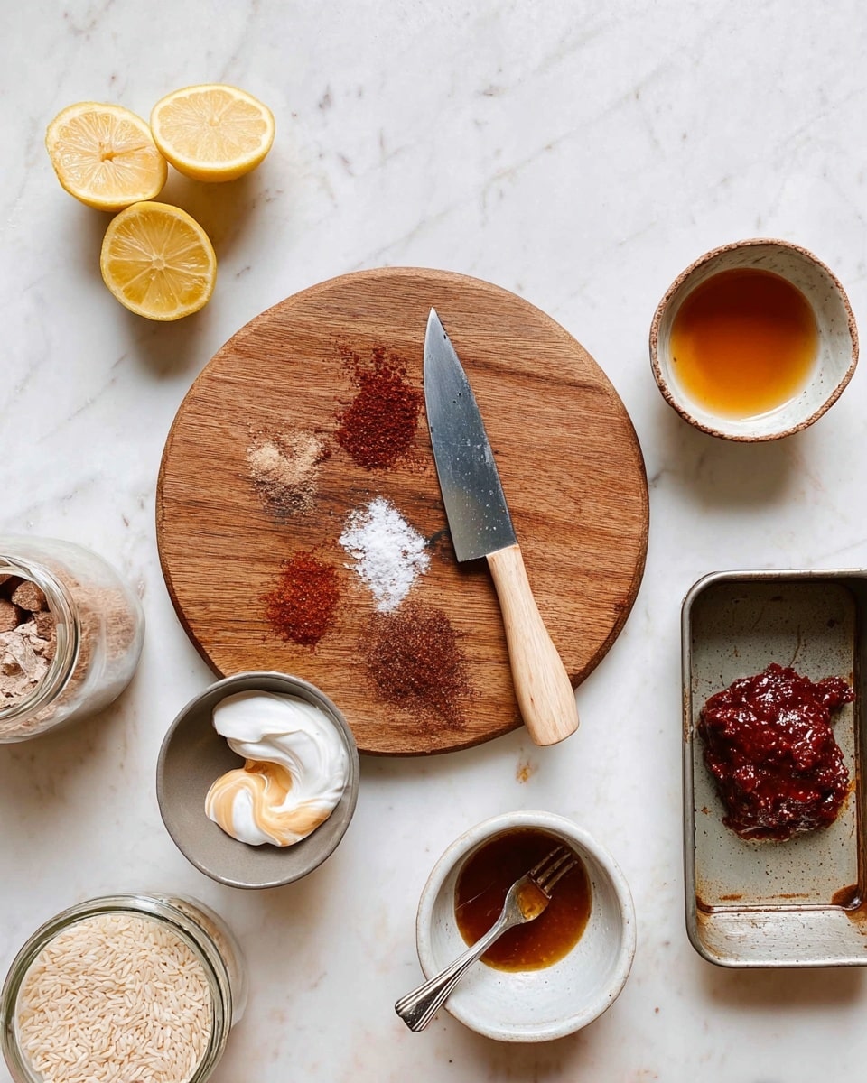 A top-down view of cooking ingredients arranged on a white marbled surface: a wooden round cutting board holds a large knife with a light wood handle resting on dark reddish-brown paste; a small white bowl below the board contains three spices layered as white salt, brownish powder, and red chili powder; a rectangular open tin on the right holds more dark reddish paste with a fork inside; a small white bowl above the tin contains a light amber liquid, and next to it is a white bowl with a darker brown liquid; on the top left, a small white bowl holds two dollops of thick sauces, one white and one light brown; left side shows sliced open yellow lemon halves, and a jar of dry rice grains is just visible at the bottom left corner, all set on a clean white marbled surface; photo taken with an iphone --ar 4:5 --v 7