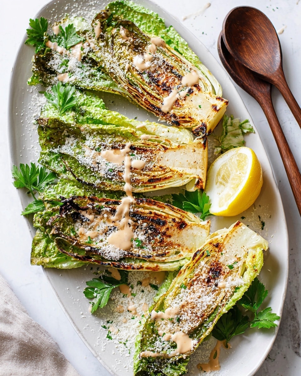 Four grilled romaine lettuce halves are placed on a white oval plate over a white marbled surface. Each lettuce half shows a mix of bright green outer leaves and charred, browned inner parts, giving a textured look. Light beige sauce is drizzled on the top center of each lettuce piece and sprinkled with a fine layer of grated cheese. Fresh green parsley leaves are scattered around the plate edges, and a halved yellow lemon rests on the right side. Two smooth, dark wooden spoons lie beside the plate. Photo taken with an iphone --ar 4:5 --v 7