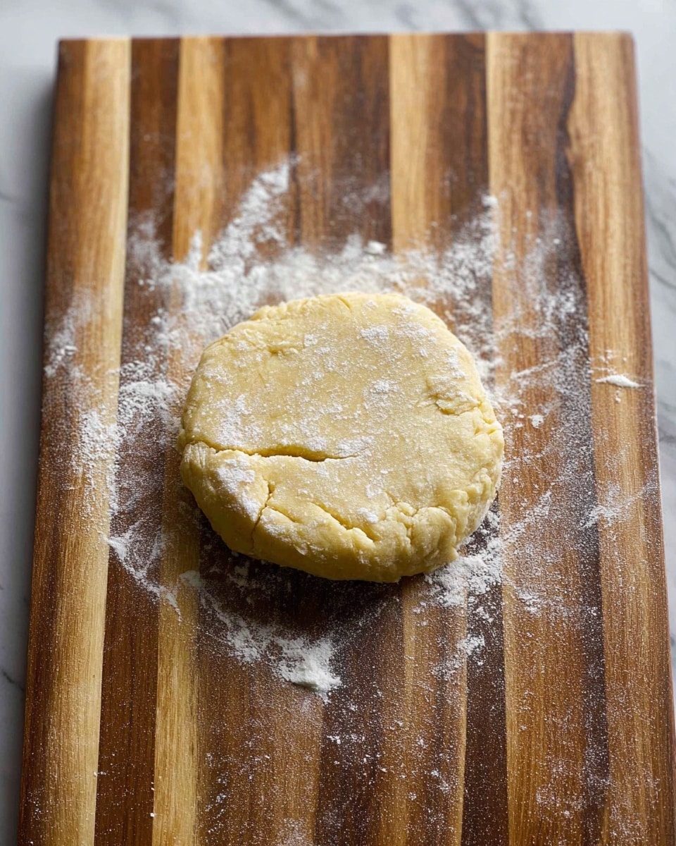 A round dough disk about 1 inch thick with a pale yellow color and rough texture is placed in the center of a wooden cutting board that has a striped pattern of light and dark wood grains. White flour is scattered around the dough on the board. The dough shows some cracks and uneven edges, giving it a homemade look. The surface beneath the board is a white marbled texture. Photo taken with an iphone --ar 4:5 --v 7