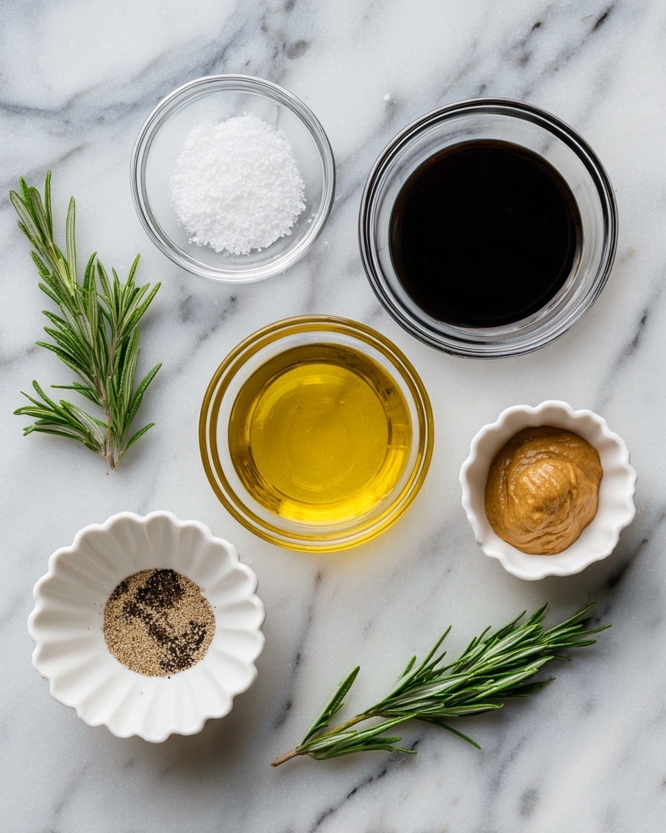 A top view of six ingredients arranged on a white marbled surface, including a small white bowl of golden olive oil on the lower right, a small clear glass bowl with black soy sauce on the upper left, a small clear glass bowl with white salt near the top center, a small clear glass bowl with ground black pepper on the lower left, a small white scalloped bowl with tan brown mustard paste on the upper right, and a fresh green rosemary sprig placed diagonally in the middle from bottom left to top middle, photo taken with an iphone --ar 4:5 --v 7