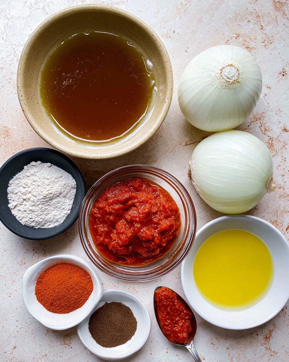 The image shows several ingredients arranged on a white marbled surface. There is one large beige bowl filled with clear brown broth with some green flecks along the edges. Next to it, there is a small clear glass bowl with chunky red tomato sauce. Two large white onion halves are placed near the center. A small black bowl holds white flour, and next to it, another small black bowl contains coarse white salt. Two small white dishes hold powders: one is a dark brown spice and the other is bright reddish-orange powder. A white bowl with a smooth rim contains bright yellow olive oil. Finally, a silver spoon holds a small amount of thick red paste. photo taken with an iphone --ar 4:5 --v 7