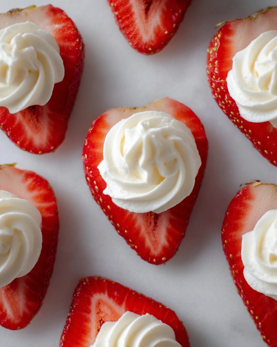 The image shows close-up of several red strawberry halves placed on a white marbled surface, each topped with one visible swirl of smooth, white cream. The strawberries have a fresh, juicy texture with visible seeds and slightly green tips on the edges. The cream sits in the center of each strawberry half, forming a neat circular shape with soft peaks and fine ridges from the piping, giving a light and fluffy look. The strawberries are arranged in a scattered pattern, filling the frame with evenly spaced pieces. photo taken with an iphone --ar 4:5 --v 7