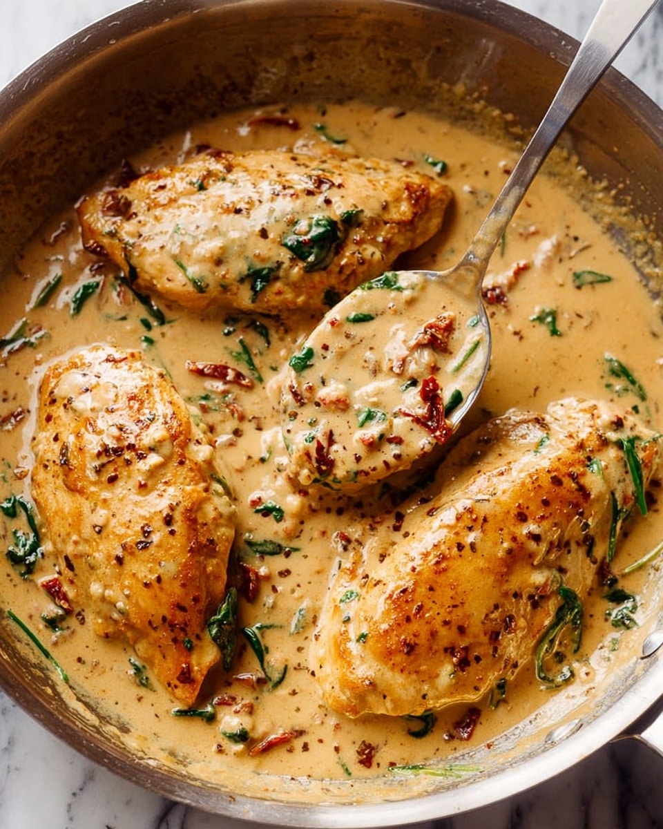 Three golden brown chicken pieces are cooking in a creamy light brown sauce with visible green spinach leaves and small bits of red sun-dried tomatoes. The sauce has a slightly thick texture with specks of black pepper and herbs. The dish is inside a stainless steel pan, which is set on a white marbled surface. A metal spoon is lifting the sauce slightly over the chicken breasts, showing the rich creaminess of the sauce photo taken with an iphone --ar 4:5 --v 7