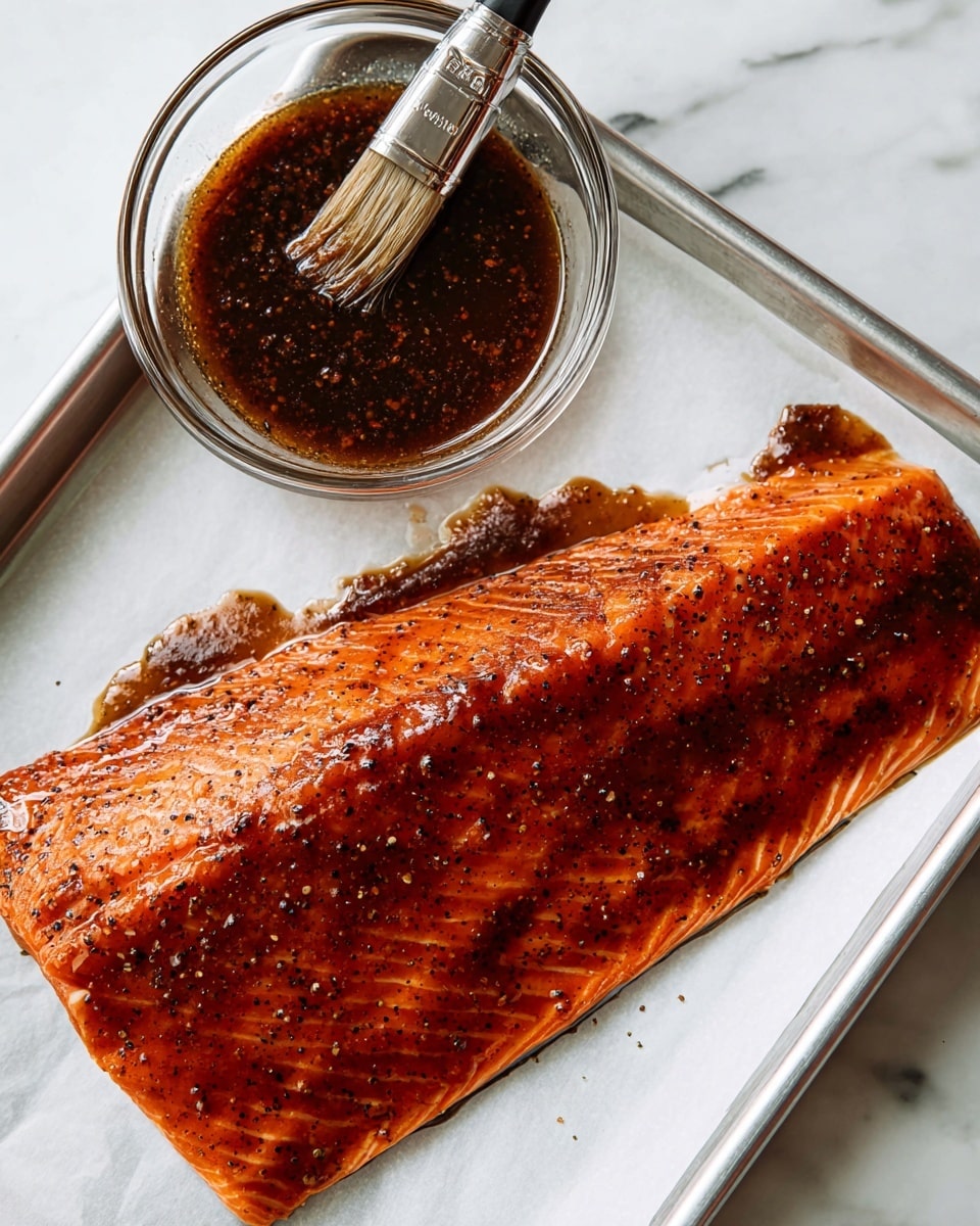 A single large piece of shiny salmon with a deep orange color sits inside a silver baking pan lined with white parchment paper, covered in a dark brown glaze that looks thick and slightly sticky, with specks of black pepper and seasoning visible on the surface; nearby on a white marbled surface, a clear glass bowl holds more of the dark brown glaze, and next to it, a silver brush with black bristles rests with some glaze on it, ready for basting. photo taken with an iphone --ar 4:5 --v 7