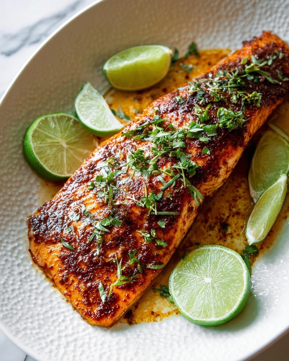 A cooked salmon fillet with a shiny, reddish-orange surface covered in a dark spice rub sits center in a white dish with subtle textured edges. Small pieces of fresh green herbs are sprinkled over the salmon, adding contrast. Around the salmon, there are several bright green lime wedges, some sliced open to show the juicy inside. The dish is placed on a white marbled surface. photo taken with an iphone --ar 4:5 --v 7