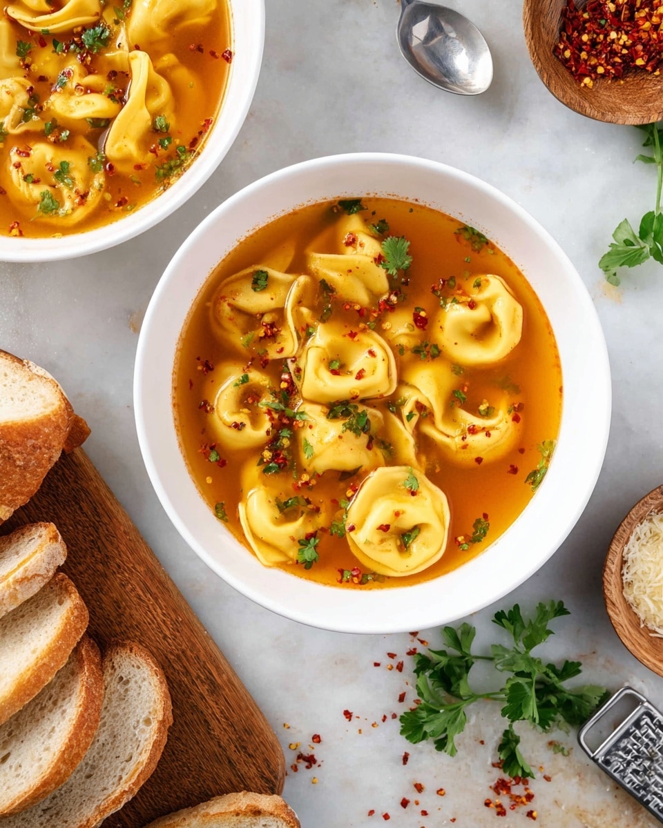 The image shows two white bowls filled with clear orange broth and yellow tortellini pasta floating inside. The tortellini have a smooth, slightly shiny texture and are sprinkled with small green parsley leaves and red chili flakes, adding color contrast. The bowls sit on a white marbled surface with some fresh parsley and red chili flakes scattered nearby. In the lower part of the image, there is a wooden cutting board with several slices of light brown crusty bread. To the right, part of a wooden bowl with grated cheese is visible alongside a metal grater. Photo taken with an iphone --ar 4:5 --v 7