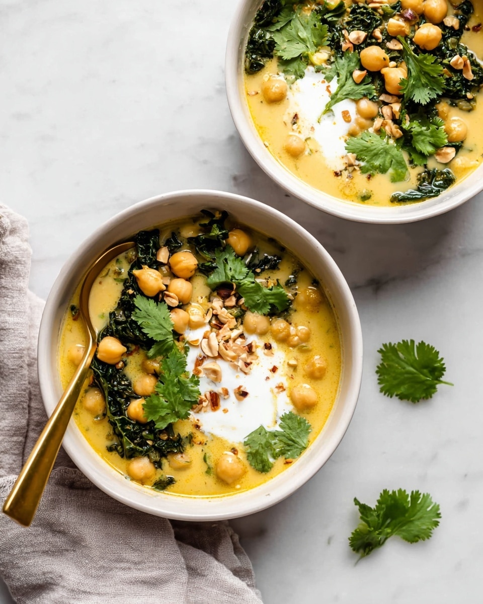 Two white bowls sit on a white marbled surface, each filled with a creamy yellow soup. The soup contains chickpeas and dark green leafy vegetables, with a dollop of white cream on top. There are small pieces of chopped nuts sprinkled over the cream and soup, along with bright green cilantro leaves scattered on top. A gold spoon rests inside the bowl in the bottom left corner. A light gray cloth is placed near the bottom right of the image and two small cilantro leaves lie on the surface near the lower bowl. photo taken with an iphone --ar 4:5 --v 7