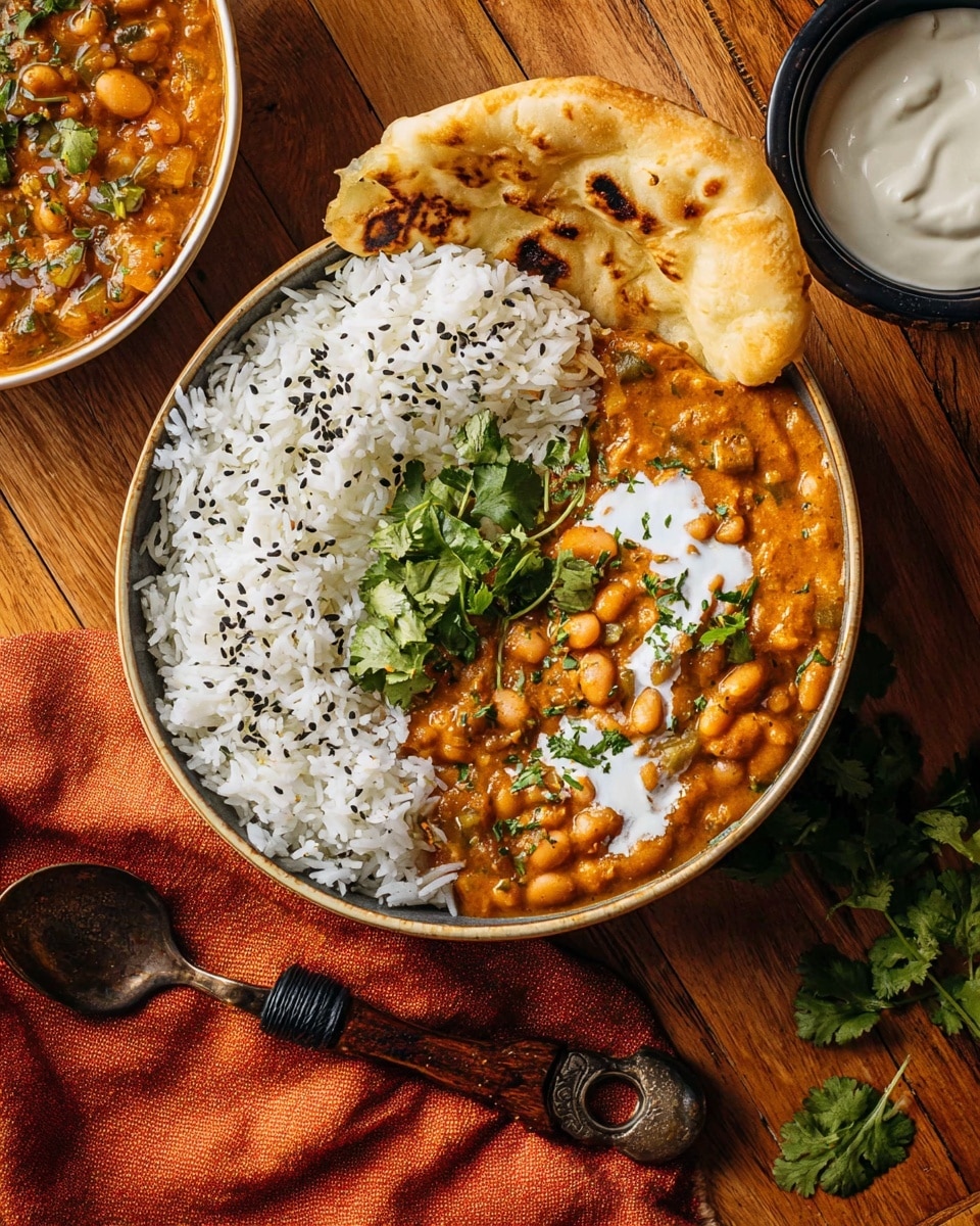 A white bowl filled with two main layers: on the left, white rice sprinkled with black seeds and small green cilantro leaves; on the right, a thick orange curry with visible white beans and small green herb pieces, topped with fresh cilantro leaves. On the top edge of the bowl rests a piece of flatbread with a golden-brown toasted surface. A dollop of white cream sauce is on the rice near the curry. The bowl is placed on a wooden surface next to a vintage spoon with a leather loop, and a small black bowl of creamy white sauce sits on a dark orange cloth nearby. Photo taken with an iphone --ar 4:5 --v 7